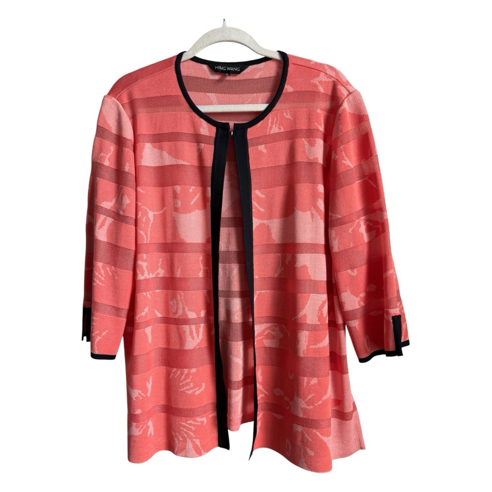 Ming Wang Open Front Knit Blazer Jacket Coral Pink Salmon Black Trim Striped XL
